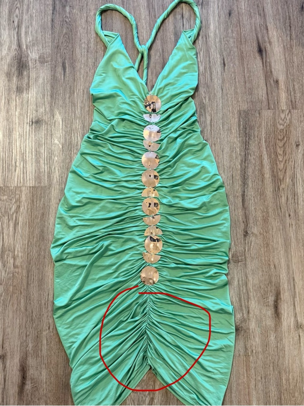 Cult Gaia Jalina Ruched Gold Detail Bodycon Green Midi Dress Size Small FLAW - Picture 6 of 11